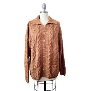 Ana Traverso Cable Knit Fisherman Cardigan Sweater Camel Brown VTG L